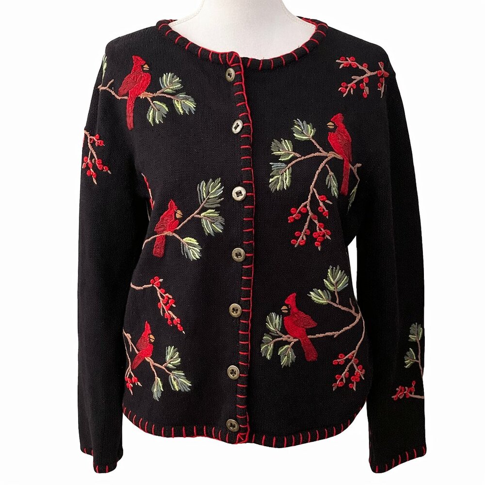 Coldwater Creek Cardinal Embroidered Black Cardigan Small S Button Sweater